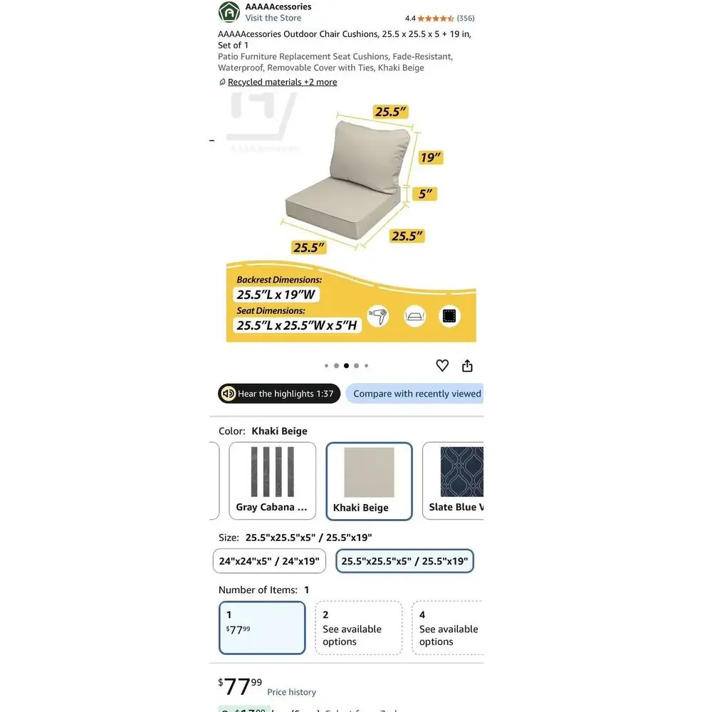 AAAAAcessories Deep Outdoor Seat Cushion 25.5 x 25.5 x 5 + 19 in -open box-beige